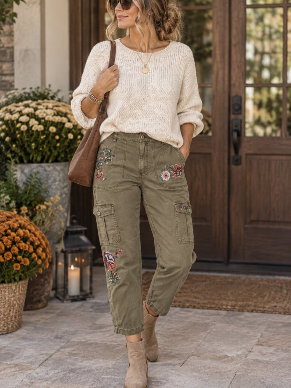 Sundance Botanical Embroidered Cargo Pants 6 Olive Boho
